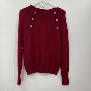 J.Crew Womens Red Sweater Rhinestone Button Lambs‎ Wool Blend Knit Pullover